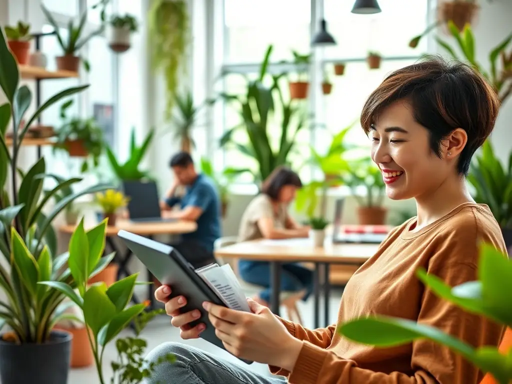 A visually appealing image of a digital nomad using language learning apps or online courses on a tablet while sitting in a vibrant co-working space or a local cafe. The scene should highlight the opportunities for continuous learning and personal growth.