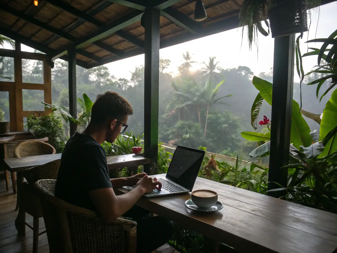 A vibrant image showcasing a digital nomad working on a laptop in a cozy cafe, surrounded by travel-themed items like a passport, a map, and a cup of coffee. The scene should evoke a sense of freedom, productivity, and connection to the digital world.