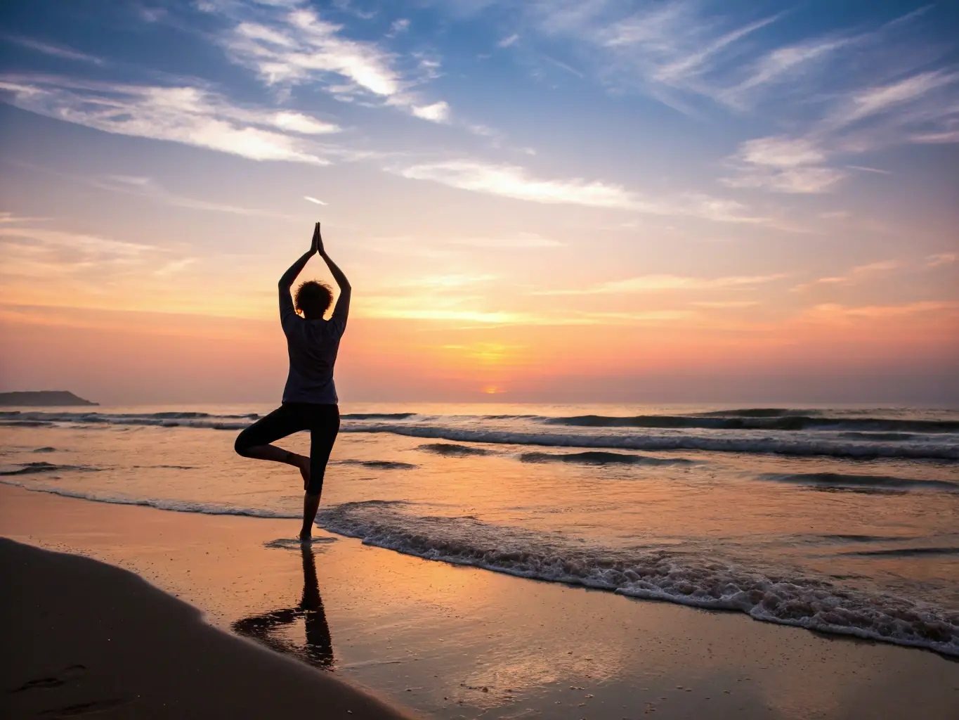 A serene image of a digital nomad practicing mindfulness or yoga in a peaceful natural setting, such as a beach or a mountain top. The scene should convey a sense of calm, balance, and connection to oneself and the environment.
